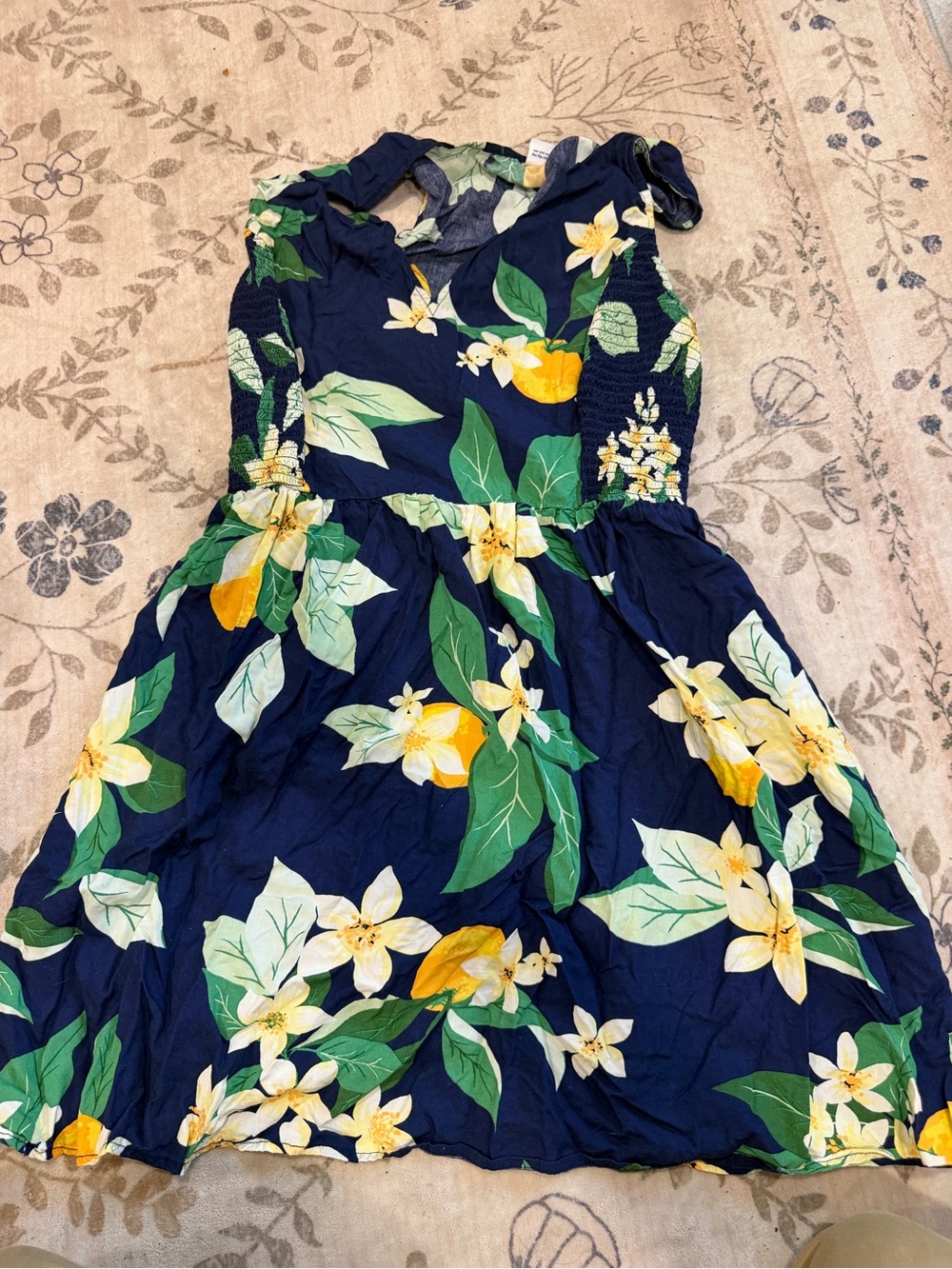 Old Navy Navy Floral Midi Dress with Yellow & Green Print